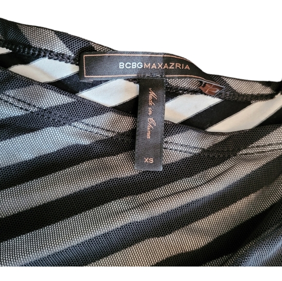 BCBGMaxAzria Dress Bodycon One-Shoulder Dress Black White Stripe Mesh Overlay XS - Picture 2 of 16